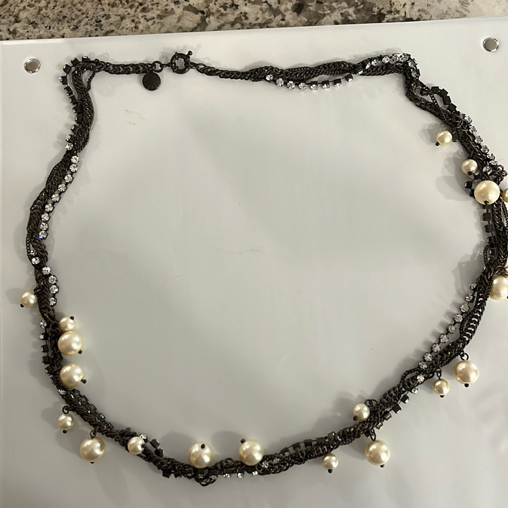 J Crew long necklace, bronze,bling faux pearls EUc